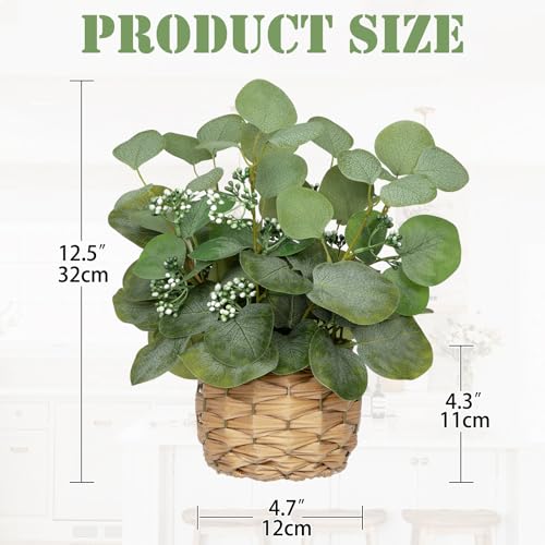 DILATATA Artificial Eucalyptus Stems in Woven Basket Planter 12 Fake Plant Eucalyptus Leaves with Green Seeds Faux Potted Plant Greenery for Table Centerpiece Office Indoor Home Decor - Image 3