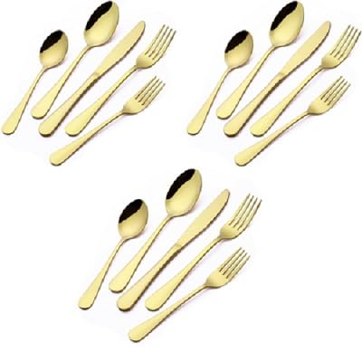 ZUNBELLA 15 PCS Cutlery Set Stainless Steel Serving Spoon Set for Dining Table Tableware Dishwasher Safe Utensil Set Include Fork Knife Spoon Set Matte Gold Dessert Spoon Gift for Marriage 652396 - Image 1