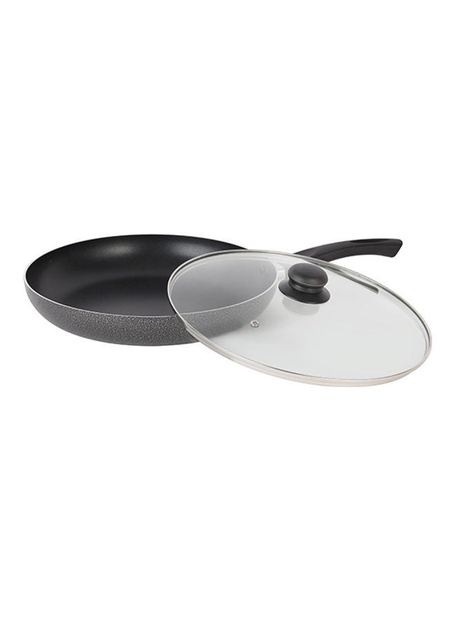 Royalford Aluminum Fry Pan With Tempered Glass Lid Strong Aluminum Body With Non Stick Coating And Bakelite Handle Compatible With Hot Plate Halogen Ceramic And Gas Stovetops Grey - Image 1