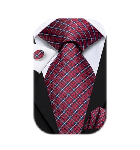 Dubulle Mens Red Blue Checks Striped Tie WOVEN Necktie for Men and Handkerchief Cufflinks Set Wedding Formal Business - Image 1
