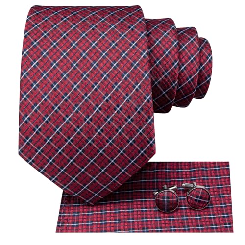 Dubulle Mens Red Blue Checks Striped Tie WOVEN Necktie for Men and Handkerchief Cufflinks Set Wedding Formal Business - Image 3