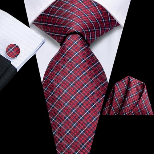 Dubulle Mens Red Blue Checks Striped Tie WOVEN Necktie for Men and Handkerchief Cufflinks Set Wedding Formal Business - Image 2
