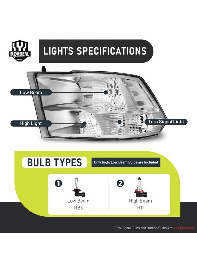 ROADEAL Headlights W/Bulbs for 2009-2018 Dodge Ram 1500/2010-2018 Dodge Ram 2500 3500 Quad Pickup (Not Fit Factory Projector Style) Driver & Passenger Side - Image 4