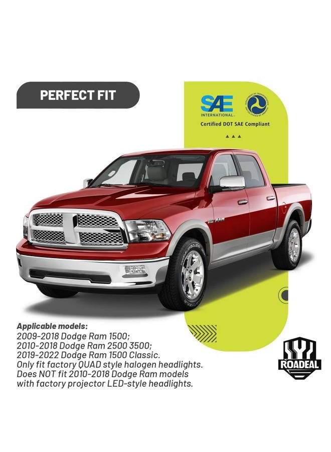 ROADEAL Headlights W/Bulbs for 2009-2018 Dodge Ram 1500/2010-2018 Dodge Ram 2500 3500 Quad Pickup (Not Fit Factory Projector Style) Driver & Passenger Side - Image 3