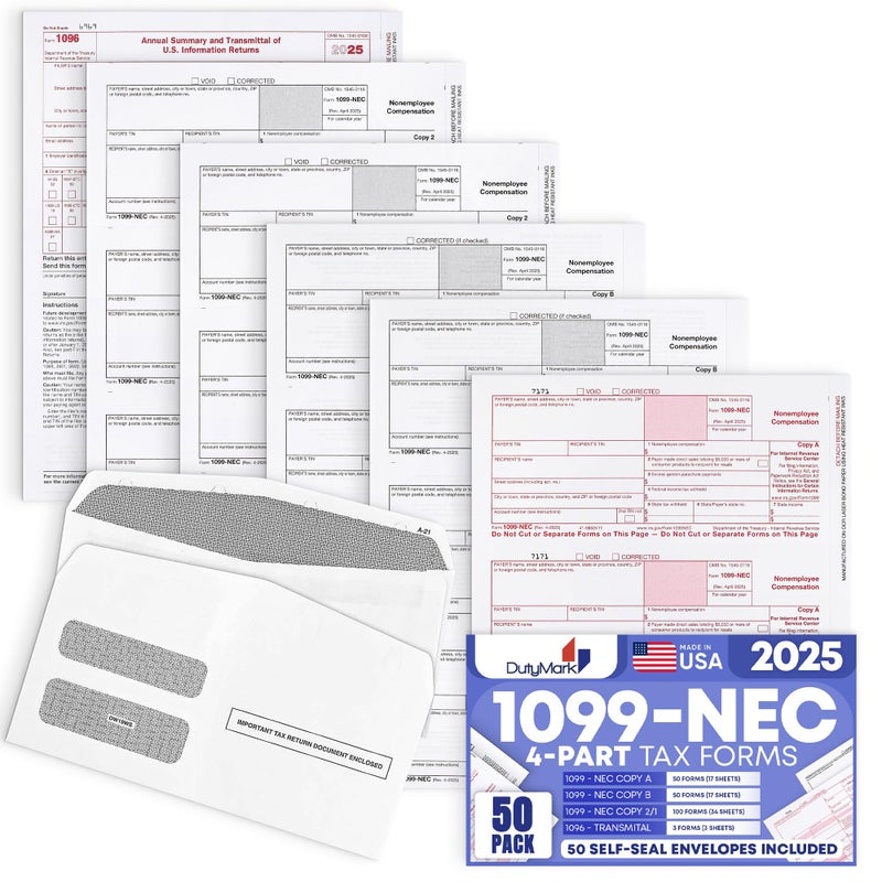 Dutymark 50 1099 NEC Tax Forms 2025 with Envelopes, 4 Part Legal Laser Tax Forms Kit, 50 Self Seal Envelopes, US Government Forms - Compatible with QuickBooks and Accounting Software, Made in The USA 50 Pack - Image 1