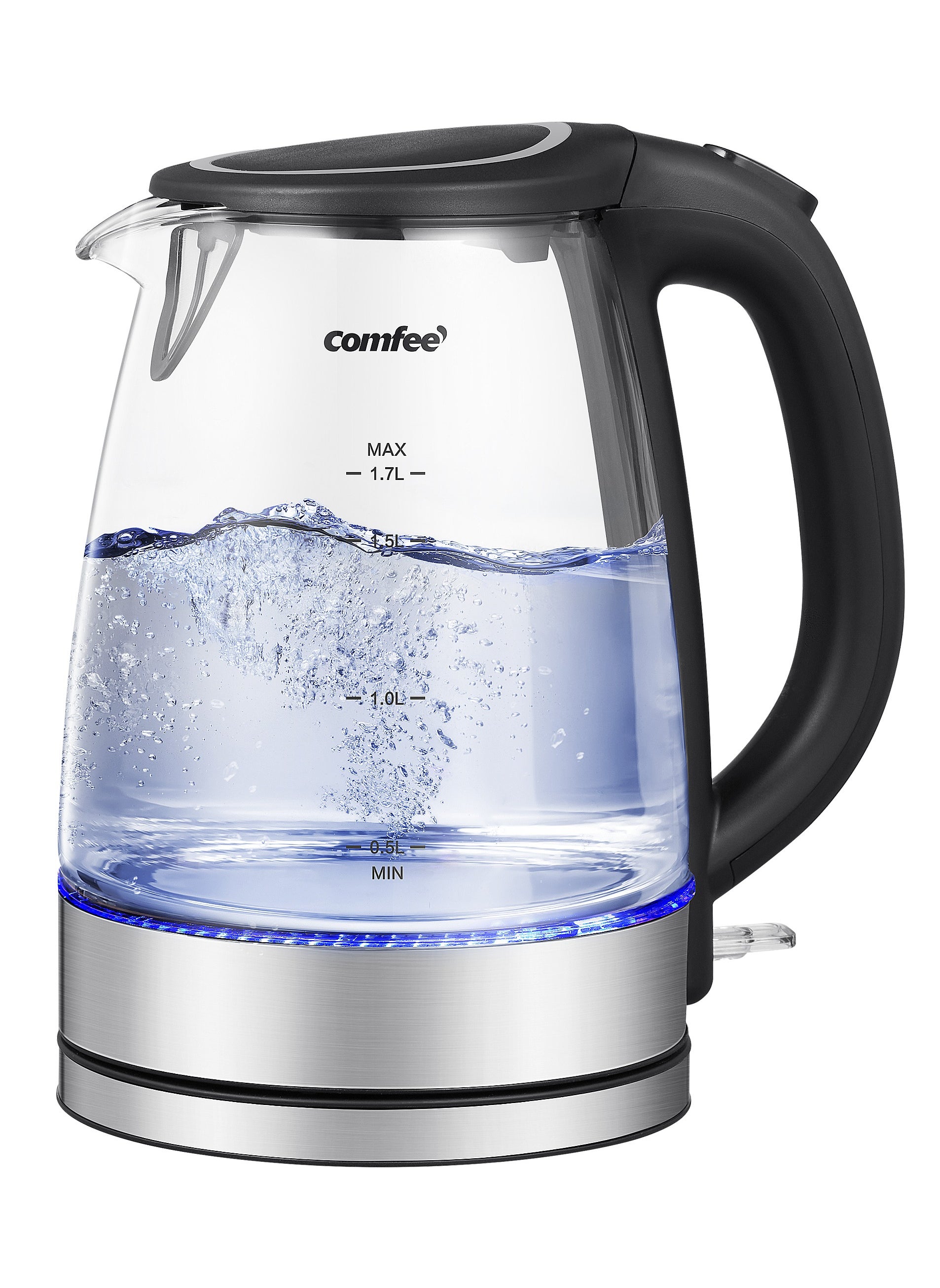 COMFEE' Glass Electric Tea Kettle & Hot Water Boiler, 1.7L, Cordless with LED Indicator, 2200W Fast Boil, Auto Shut-Off and Boil-Dry Protection 