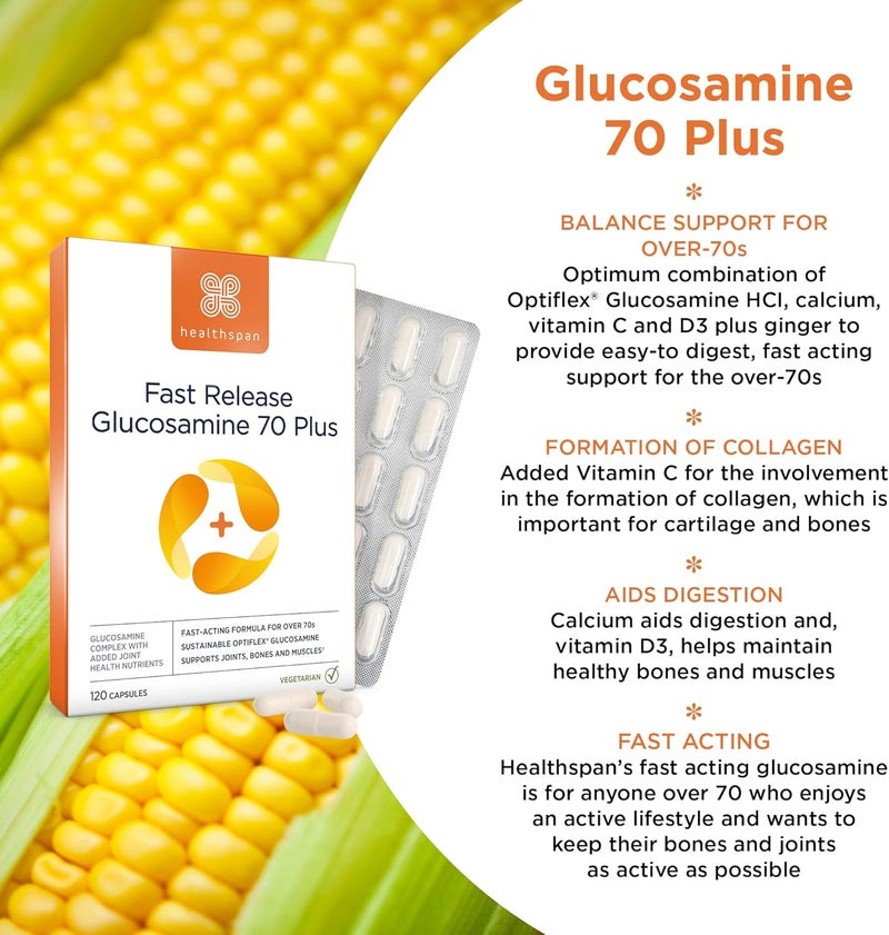 Healthspan Fast Release Glucosamine 70 Plus 120 Capsules with Vitamin C Vitamin D3 Easy to Digest Calcium Ginger Vegetarian - Image 2