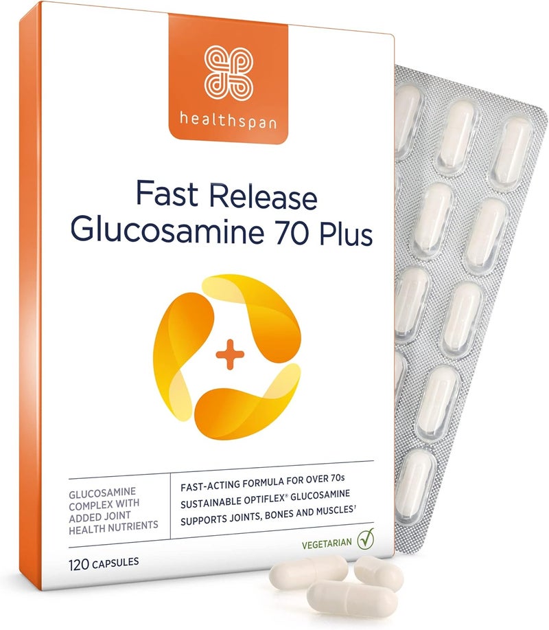 Healthspan Fast Release Glucosamine 70 Plus 120 Capsules with Vitamin C Vitamin D3 Easy to Digest Calcium Ginger Vegetarian - Image 1