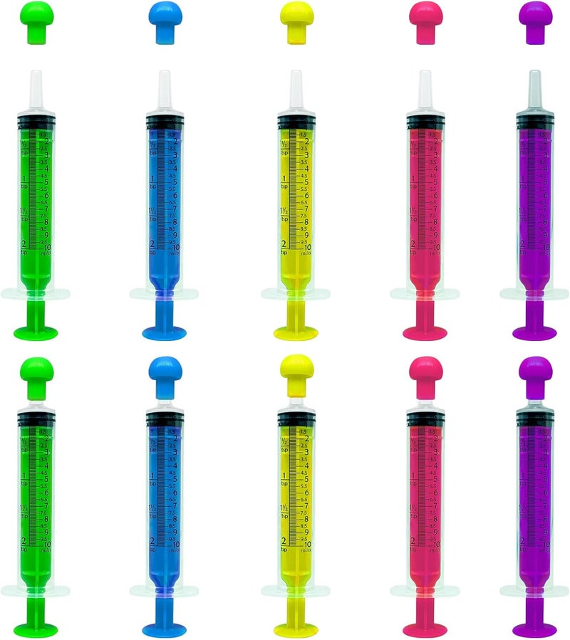FINEASY 10 Pack 10ml Plastic Syringe with Cap, Colourful Syringe Reusable, Disposable Sterile Syringes for Scientific Labs Measuring Baby Medicine Dispensing Animal Feeding Plant Watering - Image 1
