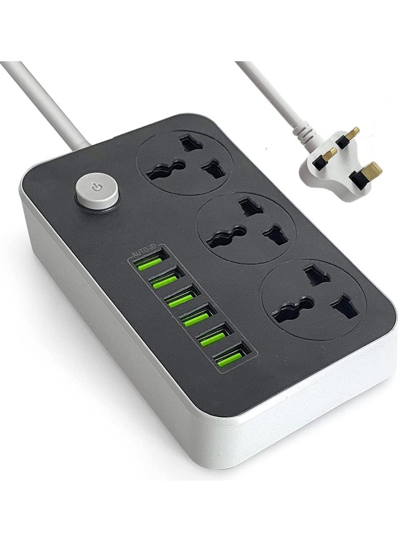 9-in-1 Power Socket Extension Plug – 2500W Power Strip Extension with 3 AC Outlets + 6 USB | 3.4A Auto-ID Charging | Anti-Static Protection | 2M Extension Cord – Black | Includes Anti-Static Protection & 5000mm Heavy-Duty Cord for Safe, Efficient Charging - Image 1