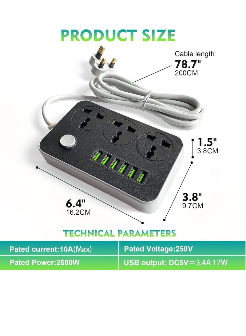 9-in-1 Power Socket Extension Plug – 2500W Power Strip Extension with 3 AC Outlets + 6 USB | 3.4A Auto-ID Charging | Anti-Static Protection | 2M Extension Cord – Black | Includes Anti-Static Protection & 5000mm Heavy-Duty Cord for Safe, Efficient Charging - Image 4