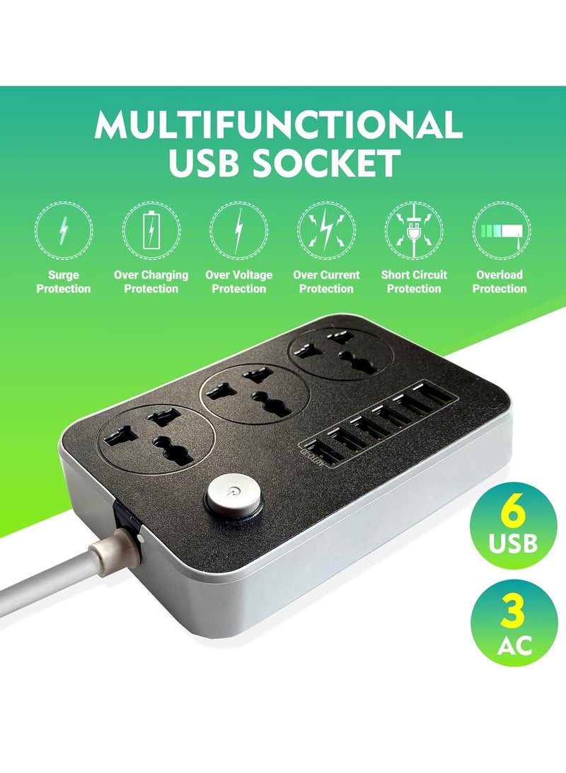 9-in-1 Power Socket Extension Plug – 2500W Power Strip Extension with 3 AC Outlets + 6 USB | 3.4A Auto-ID Charging | Anti-Static Protection | 2M Extension Cord – Black | Includes Anti-Static Protection & 5000mm Heavy-Duty Cord for Safe, Efficient Charging - Image 5