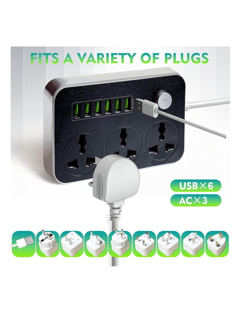 9-in-1 Power Socket Extension Plug – 2500W Power Strip Extension with 3 AC Outlets + 6 USB | 3.4A Auto-ID Charging | Anti-Static Protection | 2M Extension Cord – Black | Includes Anti-Static Protection & 5000mm Heavy-Duty Cord for Safe, Efficient Charging - Image 3