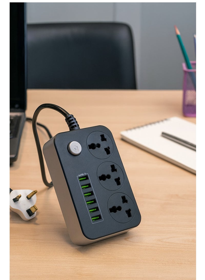 9-in-1 Power Socket Extension Plug – 2500W Power Strip Extension with 3 AC Outlets + 6 USB | 3.4A Auto-ID Charging | Anti-Static Protection | 2M Extension Cord – Black | Includes Anti-Static Protection & 5000mm Heavy-Duty Cord for Safe, Efficient Charging - Image 4
