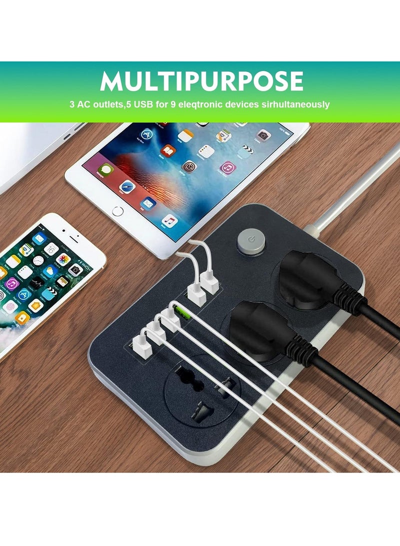9-in-1 Power Socket Extension Plug – 2500W Power Strip Extension with 3 AC Outlets + 6 USB | 3.4A Auto-ID Charging | Anti-Static Protection | 2M Extension Cord – Black | Includes Anti-Static Protection & 5000mm Heavy-Duty Cord for Safe, Efficient Charging - Image 5