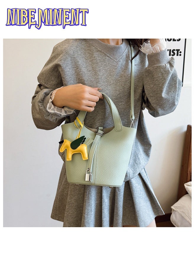 NIBEMINENT Patchwork Pendant Decor Simple Design Satchel Bag Classic Popular Lychee Pattern Bucket Tote Include Pony Pendant and Wallet - Image 4