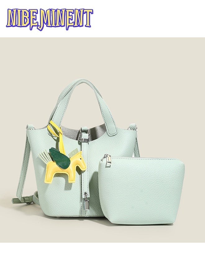 NIBEMINENT Patchwork Pendant Decor Simple Design Satchel Bag Classic Popular Lychee Pattern Bucket Tote Include Pony Pendant and Wallet - Image 1
