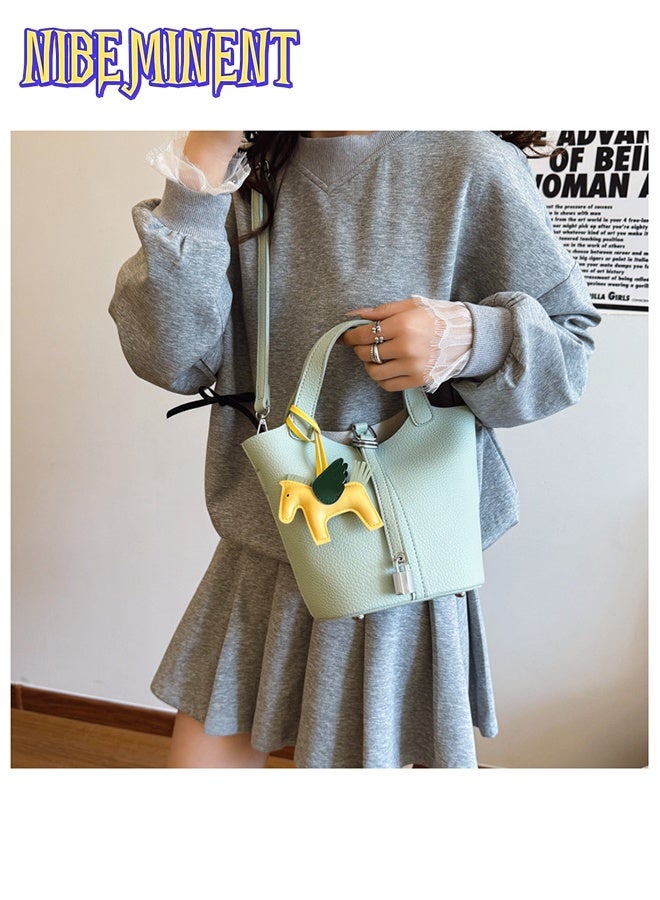 NIBEMINENT Patchwork Pendant Decor Simple Design Satchel Bag Classic Popular Lychee Pattern Bucket Tote Include Pony Pendant and Wallet - Image 2