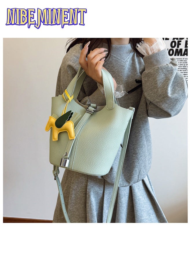 NIBEMINENT Patchwork Pendant Decor Simple Design Satchel Bag Classic Popular Lychee Pattern Bucket Tote Include Pony Pendant and Wallet - Image 5