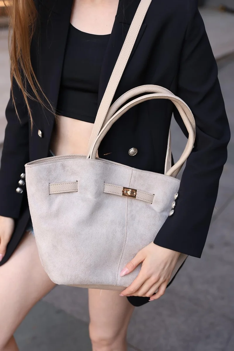 باهلس Women's Suede Leather Magnetic Closure Lock Detailed Hand and Shoulder Bag