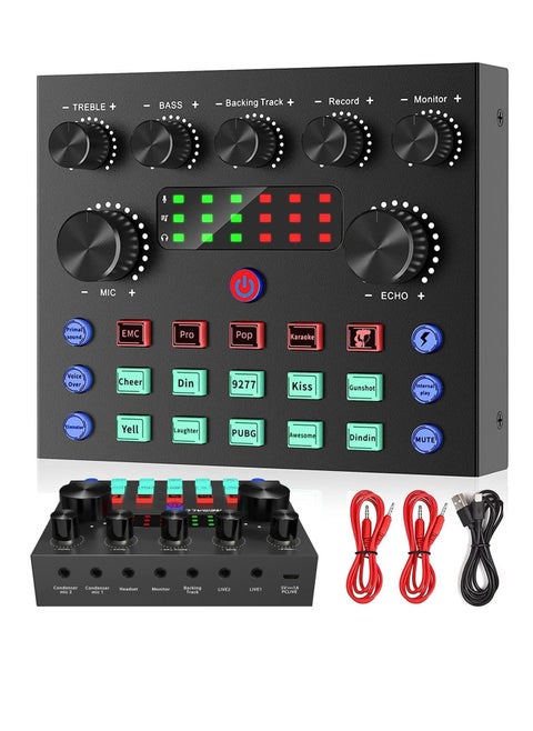USB External Sound Card DJ Mixer with Audio Mixer Voice Changer , Built-in 10 LED Sound Effects , 2X People Live ,for Streaming Gaming, PC Recording , Karaoke ,Video Youtube , TikTok