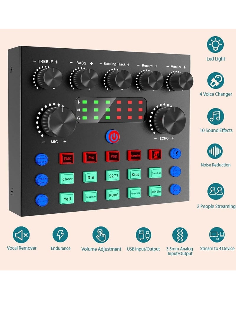 Generic - USB External Sound Card DJ Mixer with Audio Mixer Voice Changer , Built-in 10 LED Sound Effects , 2X People Live ,for Streaming Gaming, PC Recording , Karaoke ,Video Youtube , TikTok - Image 1