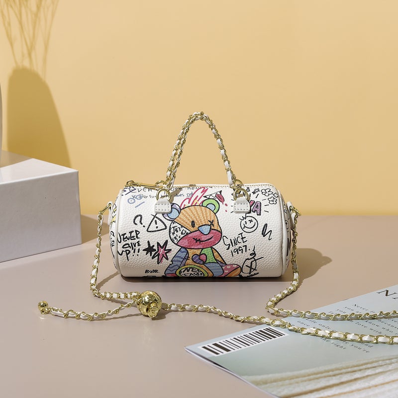Bag Women'S Crossbody Bag Graffiti Bucket Bag Simple Cylinder Bag Bear Letter Vegetable Basket Handbag - Image 1