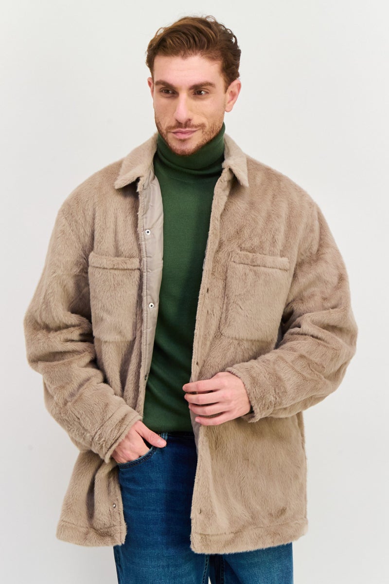 Asos Design Men Textured Long Sleeve Soft Shell Jacket Shirt, Taupe - Image 1