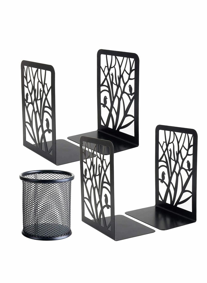 Decorative Bookends, 2 Pair Metal 1 Free Pen Holder–Heavy Bookends for Shelves w/ Exquisite and Vivid Design, Excellent Low-Profile Addition to Any Decor - Image 1