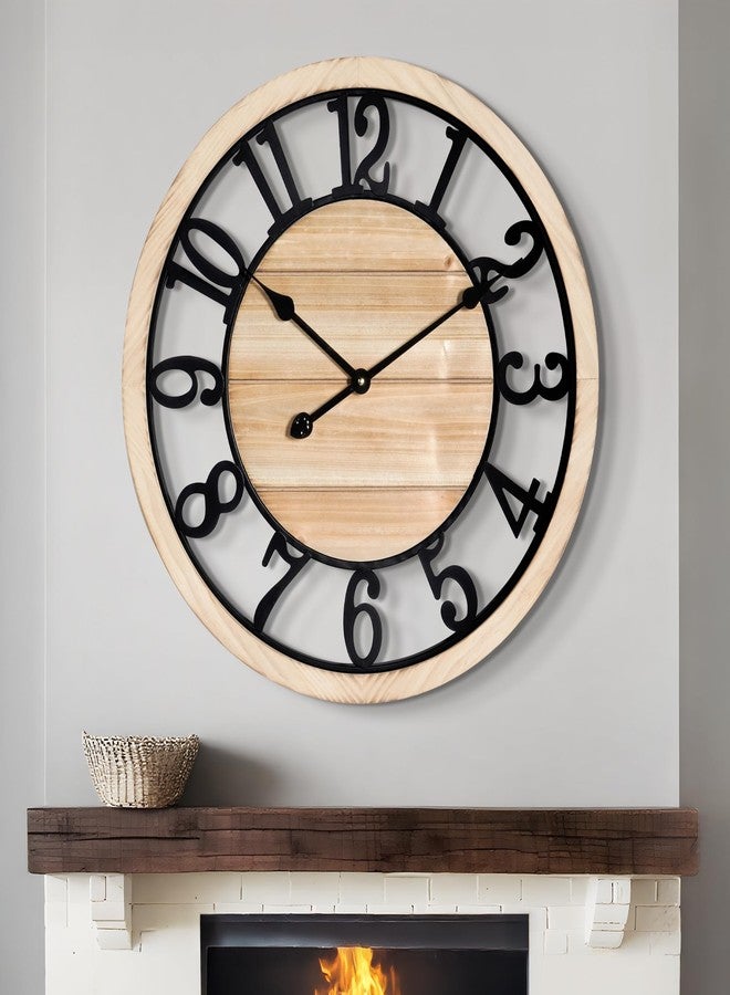 LEIKE 24 Inch Large Wall Clock - Rustic Wooden Silent Non-Ticking Wall Clock with Black Metal Frame, Vintage Farmhouse Decorative for Living Room, Bedroom, Kitchen - Arabic Numerals, Modern Design - Image 1