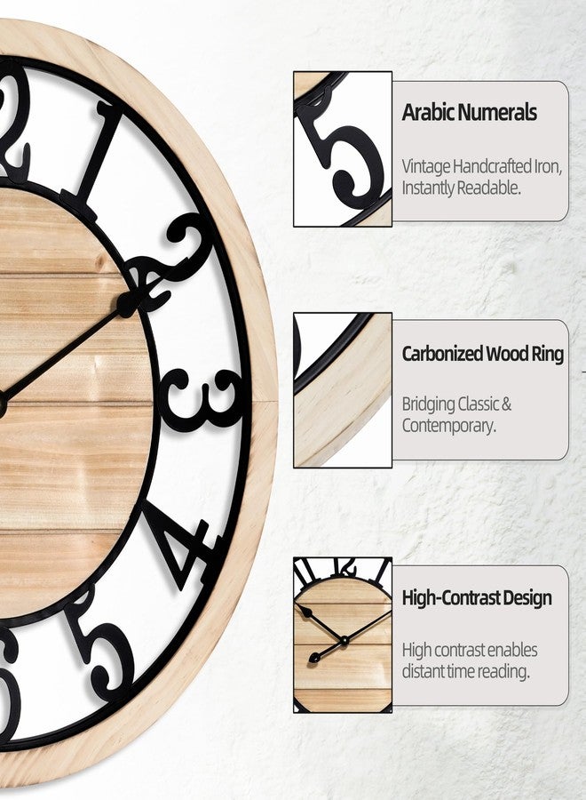 LEIKE 24 Inch Large Wall Clock - Rustic Wooden Silent Non-Ticking Wall Clock with Black Metal Frame, Vintage Farmhouse Decorative for Living Room, Bedroom, Kitchen - Arabic Numerals, Modern Design - Image 2