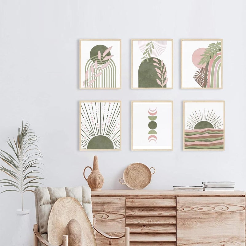KBKBART Sage Green Boho Wall Art Prints, Abstract Geometric Boho Wall Decor Leaf Sun Moon Line Rainbow Canvas Art Prints, Minimalist Green Boho Room Decor Poster Paintings for Bedroom Gallery Living Room - Image 2