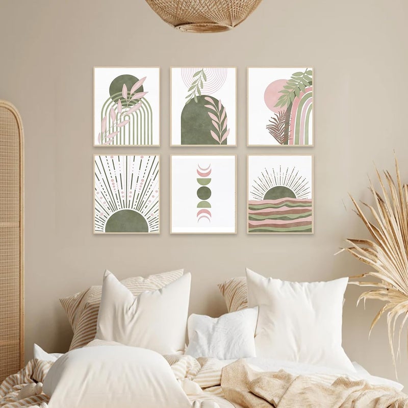 KBKBART Sage Green Boho Wall Art Prints, Abstract Geometric Boho Wall Decor Leaf Sun Moon Line Rainbow Canvas Art Prints, Minimalist Green Boho Room Decor Poster Paintings for Bedroom Gallery Living Room - Image 5
