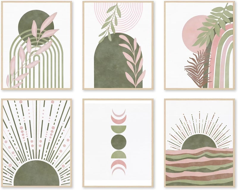 KBKBART Sage Green Boho Wall Art Prints, Abstract Geometric Boho Wall Decor Leaf Sun Moon Line Rainbow Canvas Art Prints, Minimalist Green Boho Room Decor Poster Paintings for Bedroom Gallery Living Room - Image 1