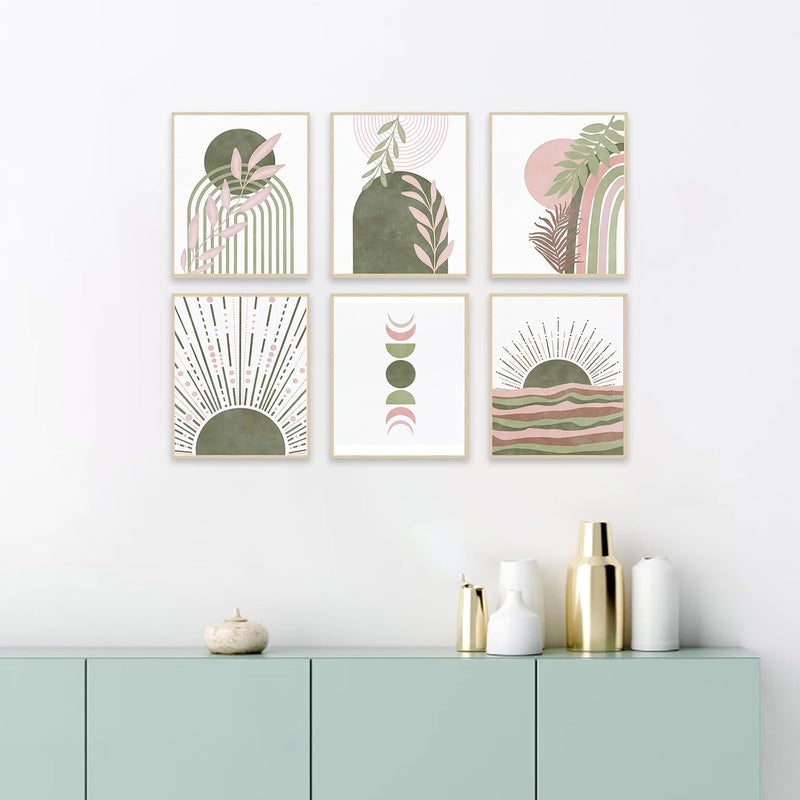 KBKBART Sage Green Boho Wall Art Prints, Abstract Geometric Boho Wall Decor Leaf Sun Moon Line Rainbow Canvas Art Prints, Minimalist Green Boho Room Decor Poster Paintings for Bedroom Gallery Living Room - Image 3