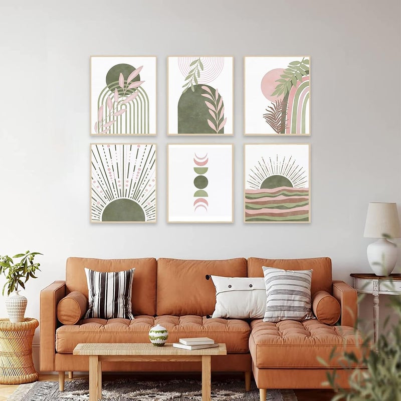KBKBART Sage Green Boho Wall Art Prints, Abstract Geometric Boho Wall Decor Leaf Sun Moon Line Rainbow Canvas Art Prints, Minimalist Green Boho Room Decor Poster Paintings for Bedroom Gallery Living Room - Image 4