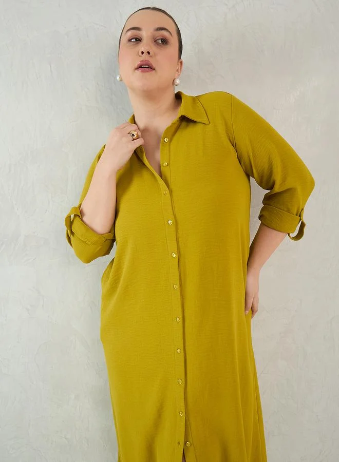 Femmella Femmella Plus Shirt Midi Dress with Roll-Up Sleeves
