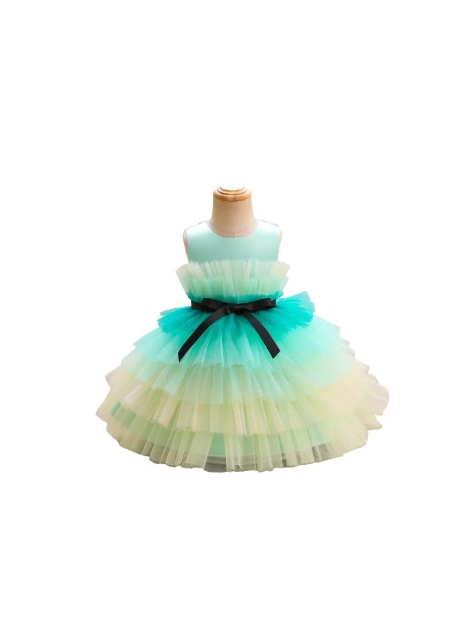 D'Daniela D' Daniela -Toddler Girls Bow Front Ruffle Hem Mesh Gown Dress Green Shaded