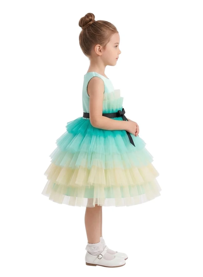 دىدانيالا فستان شبكي بحاشية مكشكشة أمامية للفتيات الصغيرات باللون الأخضر المظلل