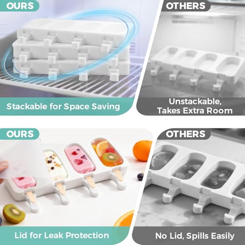 FANS-ONE 3 Set Popsicles Molds with Lids, Large Cake Pop Mold Cakesicle Mold 4 Cavities with 100 Wooden Sticks, Silicone Reusable Ice Pop Molds for Cake Pops, Ice Pops, Cakesicles, Ice Cream, White - Image 4
