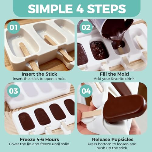 FANS-ONE 3 Set Popsicles Molds with Lids, Large Cake Pop Mold Cakesicle Mold 4 Cavities with 100 Wooden Sticks, Silicone Reusable Ice Pop Molds for Cake Pops, Ice Pops, Cakesicles, Ice Cream, White - Image 5