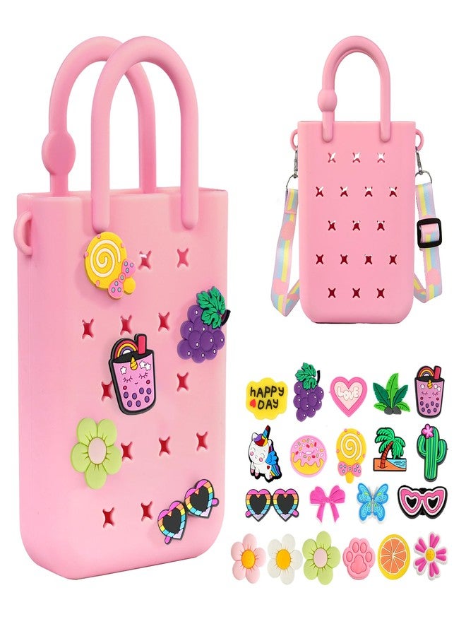 BestStone Silicone Mini Hole Handbag Toddler Purse with 20 Charms, Small Rubber Beach Bag With Adjustable Shoulder Strap, Mini Tote Bags for Little Girls and Woman Birthday Gift(Pink) - Image 1