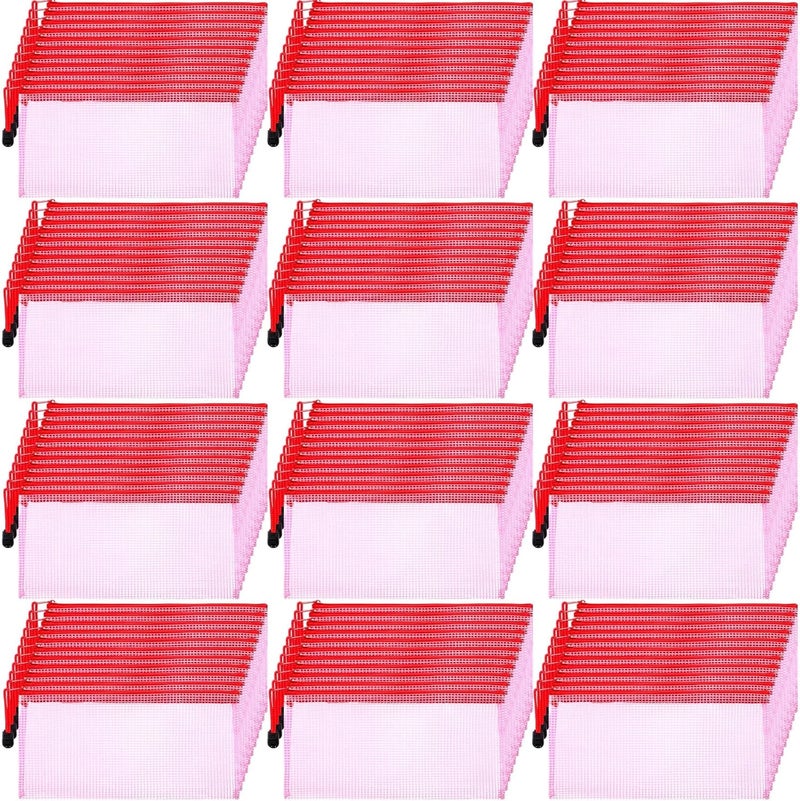 Handepo 100 Pack Mesh Zipper Pouch Pencil Pouches Bulk Clear Storage Bag Small Waterproof Purse Bag Multipurpose for Cash Board Game Passport Office(A6/9.45x4.53in,Red) - Image 1
