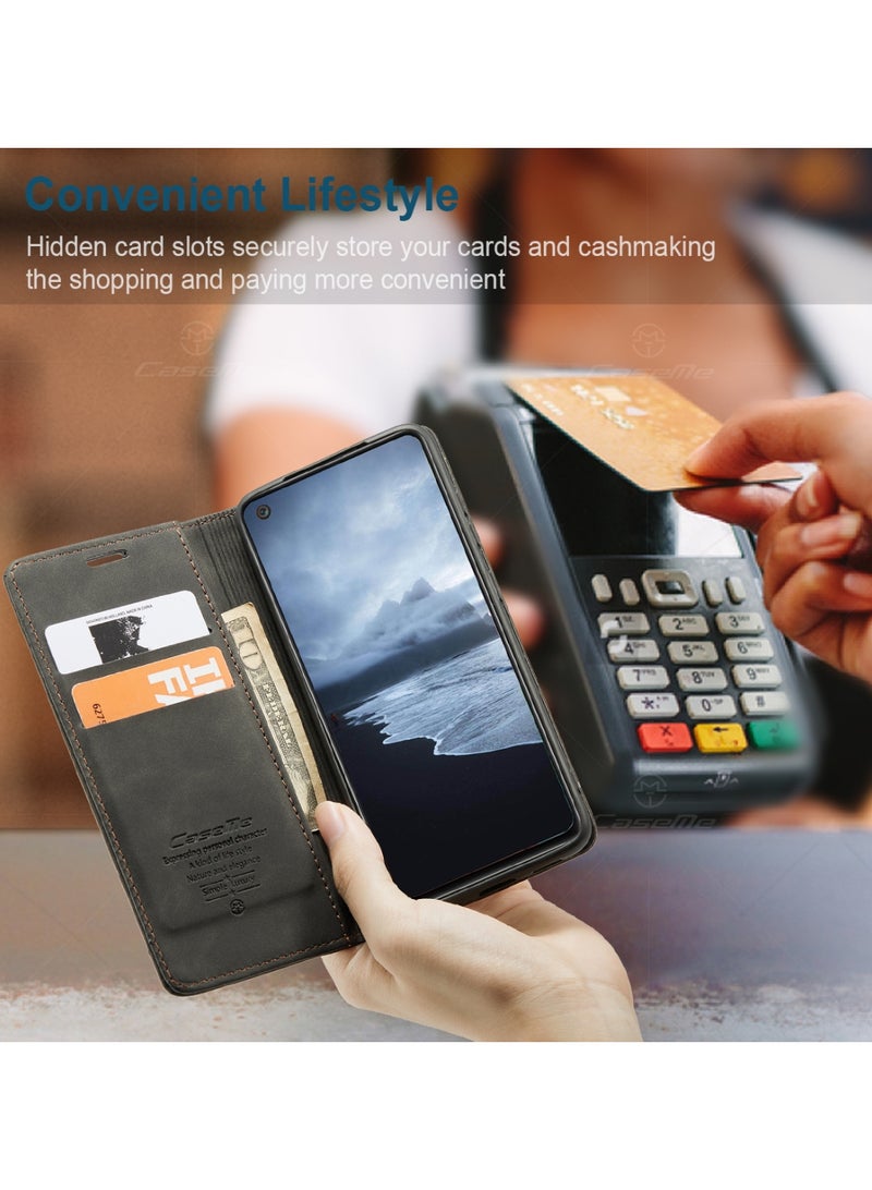 CaseMe Samsung Galaxy A21S Case Wallet Case Book Folding Flip Folio Case with Magnetic Kickstand Card Slots Protective Cover - Black - Image 4