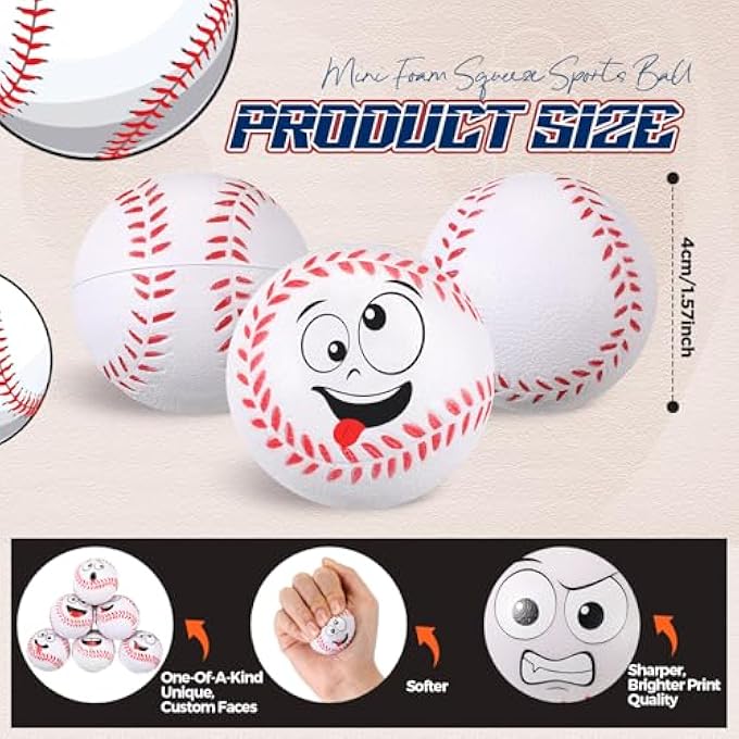 Arrowbash 60 Pcs Baseball Stress Ball Bulk, Mini Face Stress Balls Squeeze Foam Baseball Anxiety Relief Sport Party Favors Goodie Bag Fillers Birthday Gift Decoration - Image 2