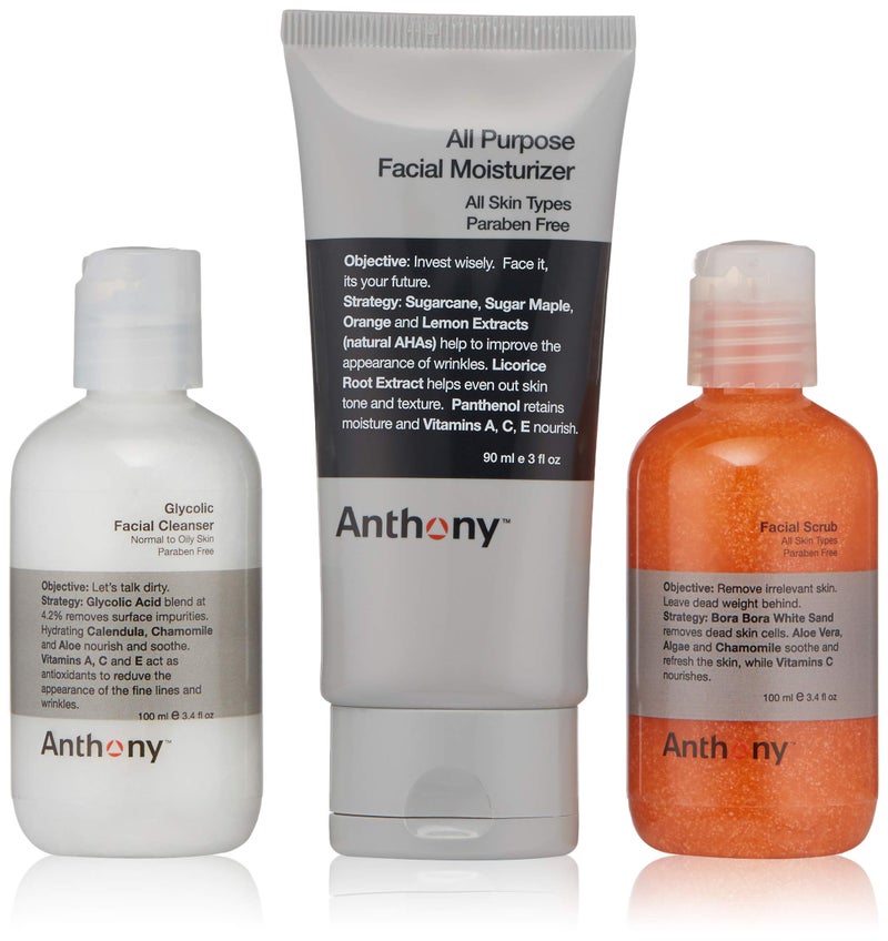 Anthony Face It & Go Kit, Set Includes Glycolic Facial Cleanser 3.4 Fl Oz. All Purpose Facial Moisturizer 3 Fl Oz. Facial Scrub 3.4 Fl Oz. - Image 1