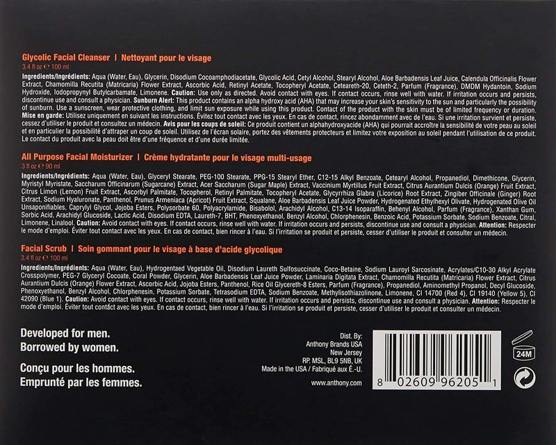 Anthony Face It & Go Kit, Set Includes Glycolic Facial Cleanser 3.4 Fl Oz. All Purpose Facial Moisturizer 3 Fl Oz. Facial Scrub 3.4 Fl Oz. - Image 3