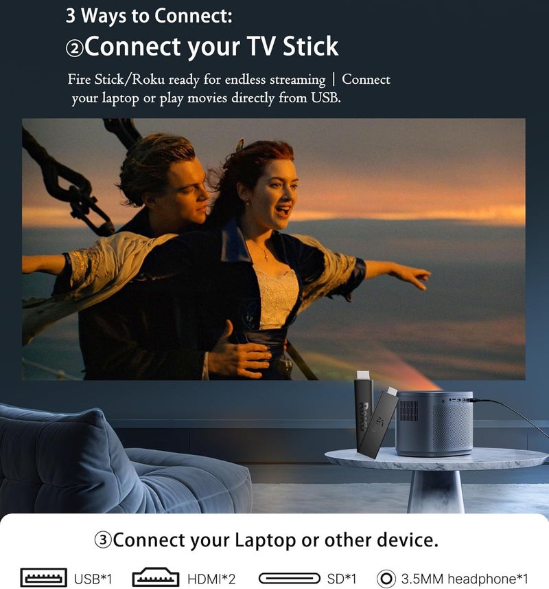 بيجاسو مشروع مصغر بدقة 1080P عالية الوضوح، يدعم 4K، محمول للعرض السينمائي - شاشة 200 بوصة، مكبر صوت مدمج، تصحيح شبه منحرف تلقائي، تركيز تلقائي، متوافق مع الهاتف الذكي/الكمبيوتر اللوحي/الكمبيوتر المحمول/HDMI/USB - مثالي للاستخدام الخارجي ومسرح المنزل. - Image 4