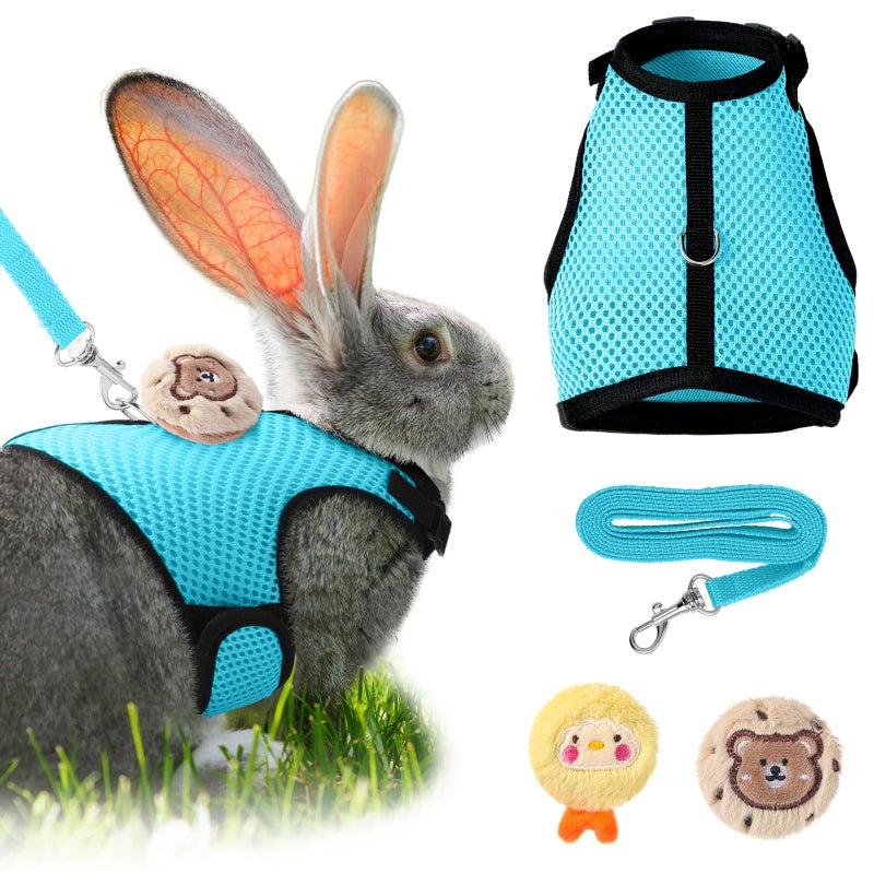 Bunnycool Rabbit Harness and Leash Set with 2 Cute Decorations Soft Adjustable Buckle Breathable Mesh Vest Harness for Rabbits Ferret Small Pig Puppy Walking Supplies(Light Blue, Lively Pattern) - Image 1