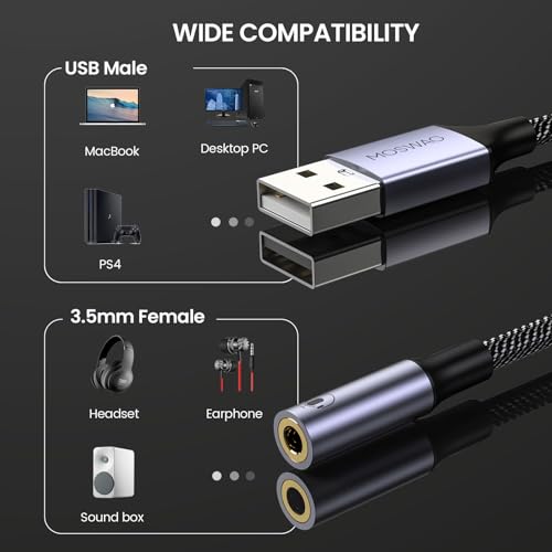 MOSWAG USB to Audio Jack Adapter 0.65Feet/20cm, External Sound Card Jack Audio Adapter with 3.5mm Aux Stereo Converter Compatible with Headset, PC, Laptop, Linux, Desktops, PS4 and More Device - Image 4